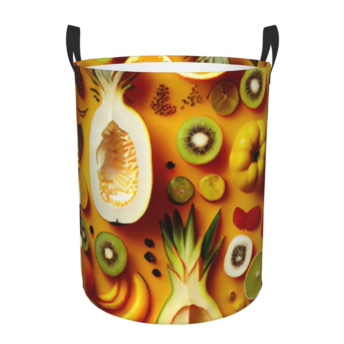 Folding Laundry Basket Tropical Fruits Round Storage Bin Large Hamper ...