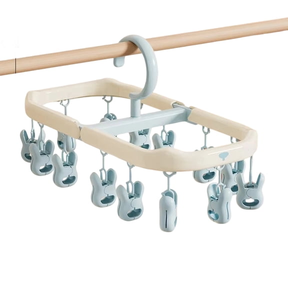 Folding Laundry Drying Rack with Multiple Clips, Space Saving Socks and Underwear Hanger, Portable Clothes Drying Accessory, Drip Hanger for Home, Blue