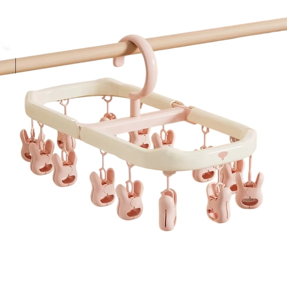 Folding Laundry Drying Rack with Multiple Clips, Space Saving Socks and Underwear Hanger, Portable Clothes Drying Accessory, Drip Hanger for Home, Pink