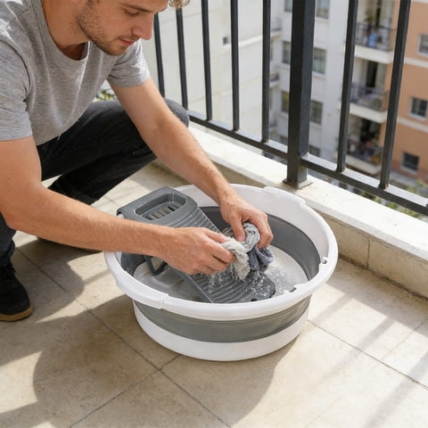 Folding Laundry Tub – Collapsible Portable Wash Basin with Scrubbing Surface, Space Saving Plastic Tub for Home, Camping, and Travel