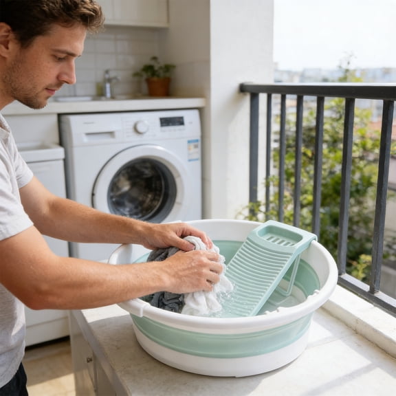 Folding Laundry Tub – Collapsible Portable Wash Basin with Scrubbing Surface, Space Saving Plastic Tub for Home, Camping, and Travel