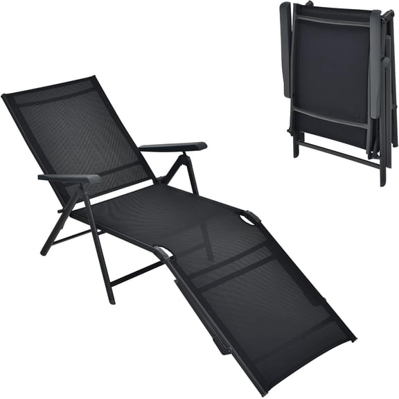 Folding Lounge Chair Outdoor, Recliner Chaise Lounge with 5-Position Adjustable Backrest & 2-Position Footrest, No Assembly Required, Suitable for Patio Poolside Beach Yard (1, Black)