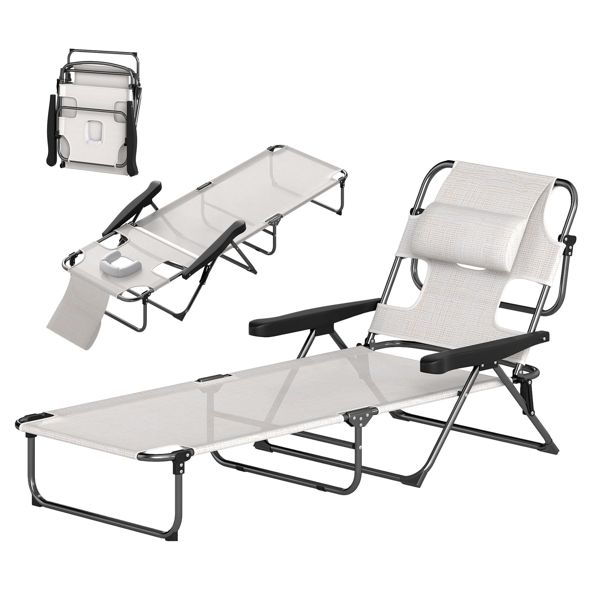 Folding Lounge Chair with Reclining Back for Outdoor Relaxation, Cream White