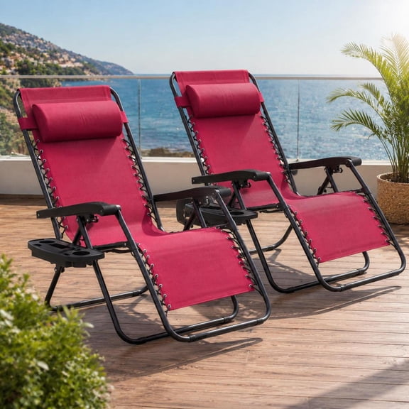 Folding Lounge Chairs, Set of 2, Zero Gravity, with Cup Holder Tray, Adjustable Headrest Pillow, Reclining, Red, for Outdoor Patio Lounging