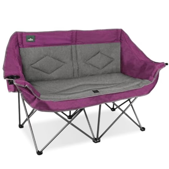 Folding Loveseat Camping Chair Portable Double Duo Full Padded Garden Chair for 2 Person Sofa w/ 2 Cup HolderWine Glass Holder Mesh Storage Support 500lbs for Picnic Beach Travel Purple