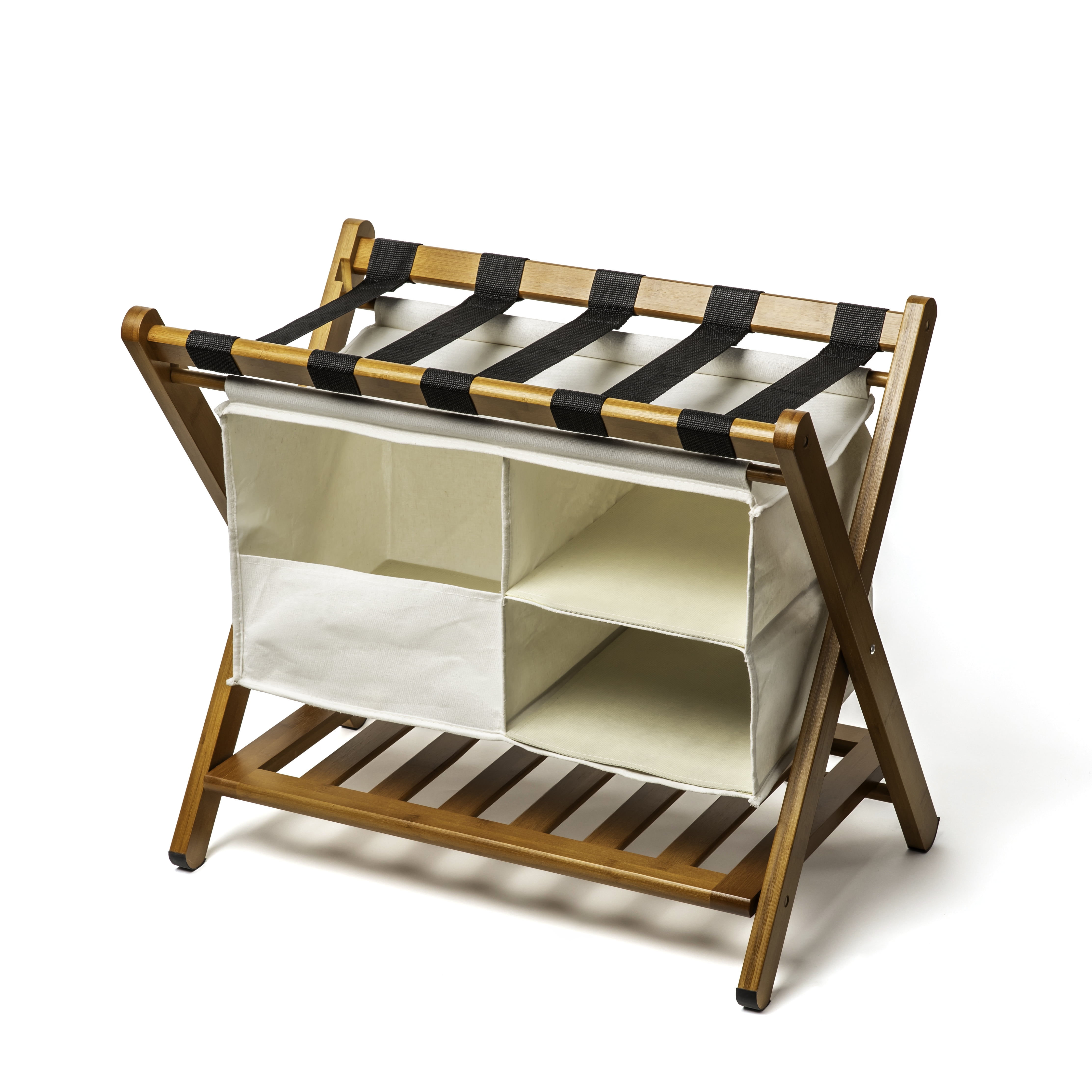 Walnut Folding Luggage Rack with Canvas Storage