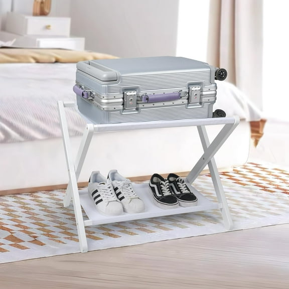 Folding Luggage Rack with Storage Shelf, Bamboo Suitcase Stand for Guest Room, Bedroom & Hotel, Holds Up to 131 lb