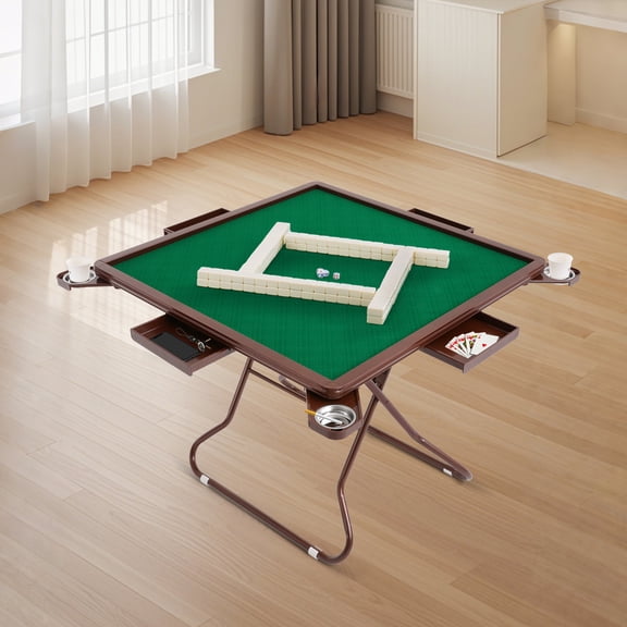 Folding Mahjong Table 34.65 Inch, Game Table With Velvet Top And Cup Holders, Heavy Duty Card Table For Adults, Portable Board Game Table For Home, Brown