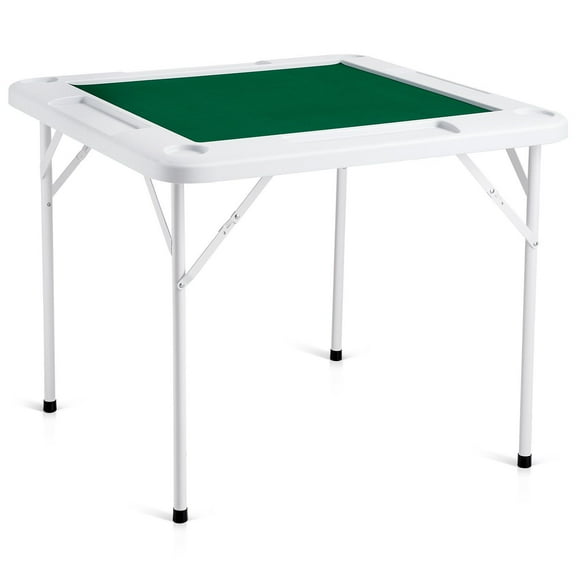 Folding Mahjong Table 35.4 x 35.4 Inch Portable 4 Player Game Table with Green Wear Resistant Surface 4 Cup Holders and Chip Trays for Poker Puzzles Domino