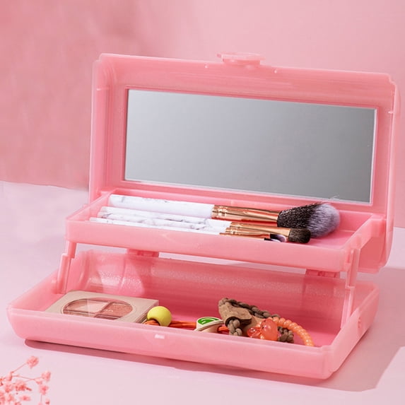 Folding Makeup Box with Mirror, Portable Two-Layer Cosmetic Organizer Travel Beauty Storage Case for Brushes Lipsticks Accessories, Compact Makeup Holder for Home and Trips