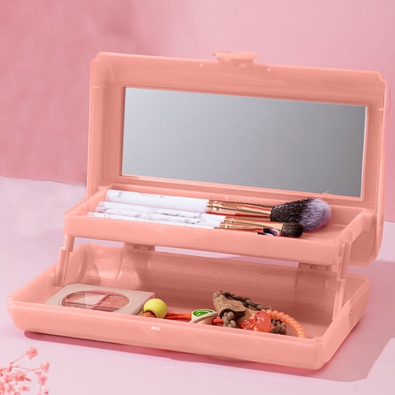 Folding Makeup Organizer with Built-In Mirror, Portable 2-Layer Cosmetic Storage Case, Travel-Friendly Design for Students and Professionals, Compact and Durable