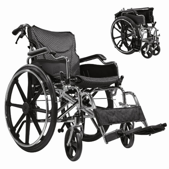 18" Silver Folding Transport Wheelchair with Locking Brakes - Lightweight Carbon Steel Frame, 24" Quick-Release Wheels, 300Lb Capacity