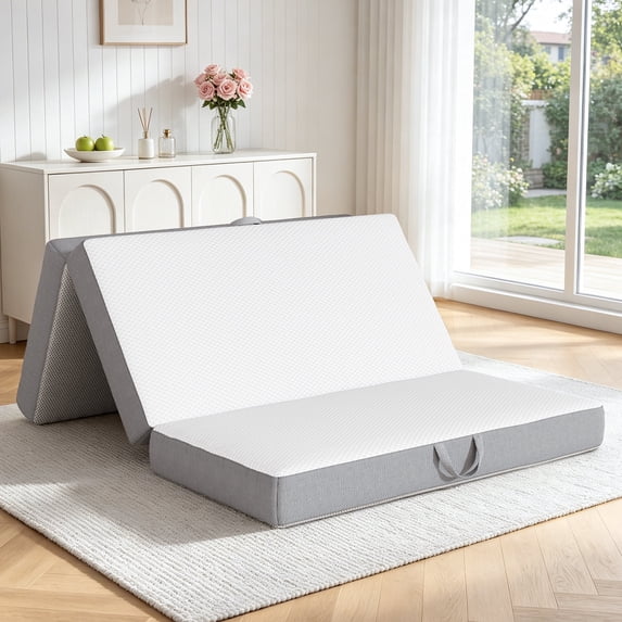 VKLIVING Tri-Fold Memory Foam Mattress,6 Inch Portable Floor Mattress with Washable Cover, Non-Slip Bottom & Breathable Mesh Sides for Guest Bed, Camping, Home, RV