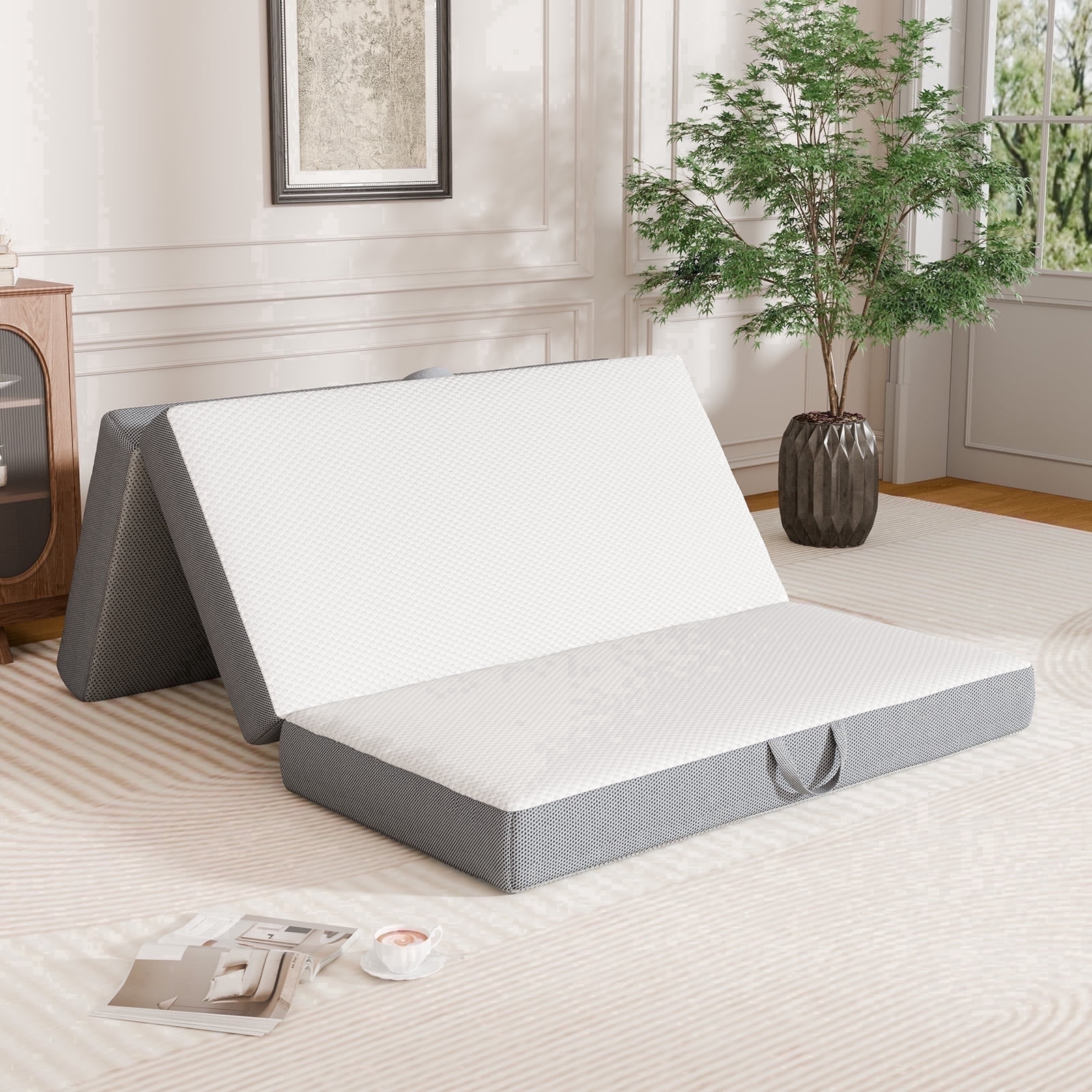 VKLIVING Tri-Fold Memory Foam Mattress,6 Inch Portable Floor Mattress with Washable Cover, Non-Slip Bottom & Breathable Mesh Sides for Guest Bed, Camping, Home, RV