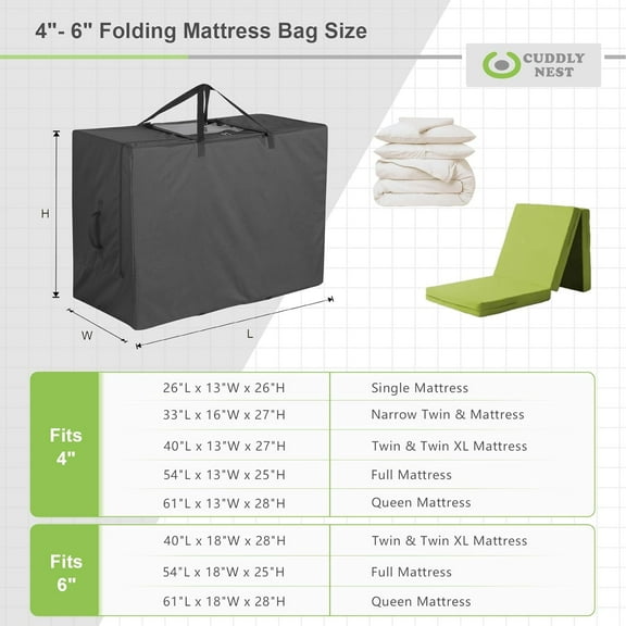 Folding Mattress Storage Bag - Heavy Duty Carry Case for Tri-Fold Guest Bed (Fits 6" Queen Mattress, Black)
