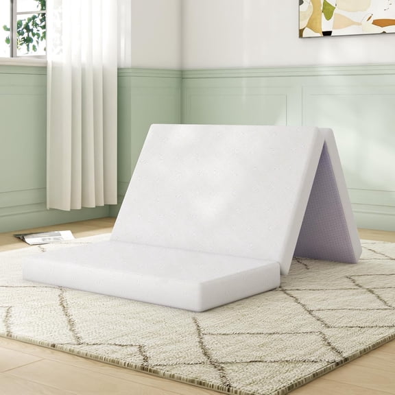 Folding Mattress Topper Full Size, 4 Inch Responsive Comfort Foam Foldable Mattress Full with Breathable & Washable Cover, Pain Relief & Support, Portable Trifold Mattress Topper for Floor