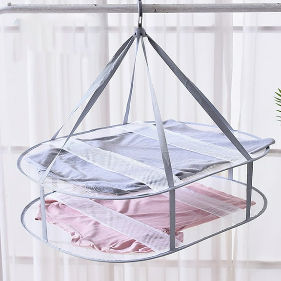 Folding Mesh Clothes Drying Rack, Windproof Sweater Cloth Dryer with Fixing Band, Collapsible Hanging Laundry Rack for Sweater, Feather Jacket, Socks, Outdoor, Indoor ( 2-Tier)