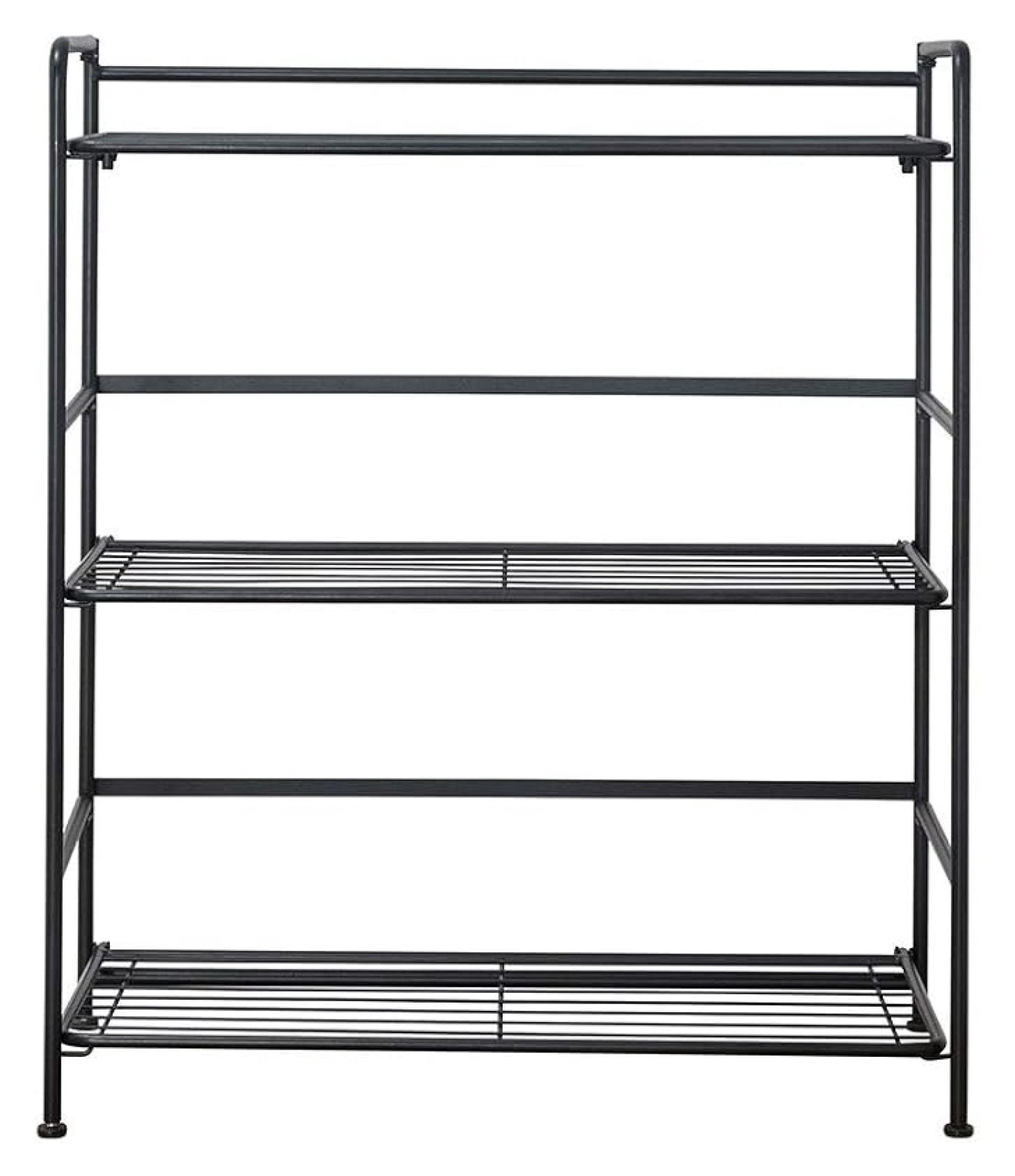 Folding Metal Bookcase-Small Space -No Assembly-Home, Kitchen, Bathroom and Office Black, 3 Shelves, Wide