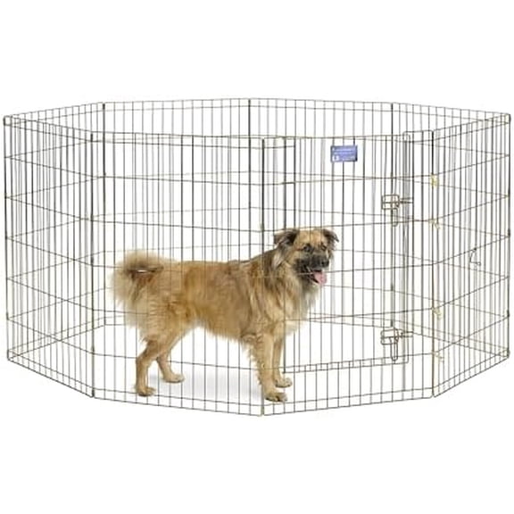 Folding Metal Puppy / Dog Exercise Pen, Indoor/Outdoor Playpen with Door, 16 Sq Feet of Play Space, 36-Inches Tall, Gold Zinc