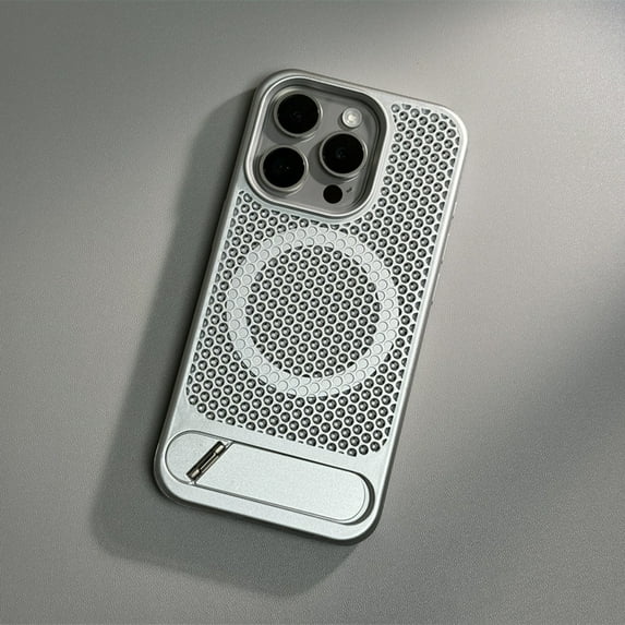 Folding Metal Stand Mesh Heat Cooling MagSafe Phone Case for iPhone 15 14pro Max 14 13 Pro 11 12 Wireless Charging Hard PC Cover (Silver,for iphone14 (6.1inch))