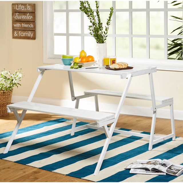 Folding Metal Table And Bench Set, White