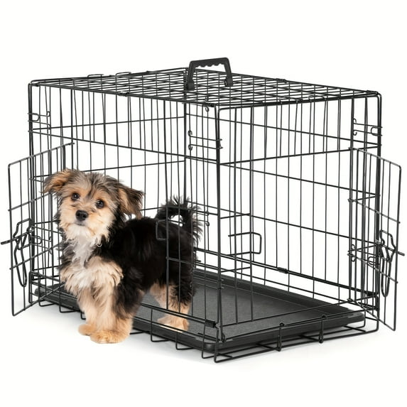 Folding Metal Wire Double Door Dog Crate - with Divider Panel and Plastic Leak-Proof Pan Tray - for Indoor, Outdoor, Travel Pet Kennel