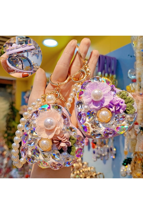 Folding Mirror Keychain Ladies Double-Sided Make-up Mirror with Faux Pearl Chain Rhinestone Mirror Pendant for Travel Touch-ups Bag Accessory