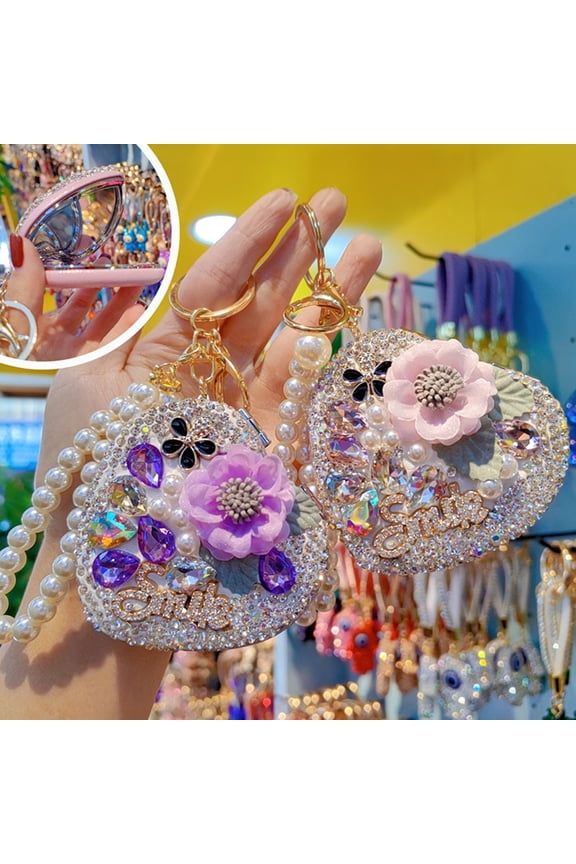 Folding Mirror Keychain Women Portable Makeup Mirror Rhinestone Faux Pearl Chain Sparkling Mirror Pendant for Touch-Ups Handbag