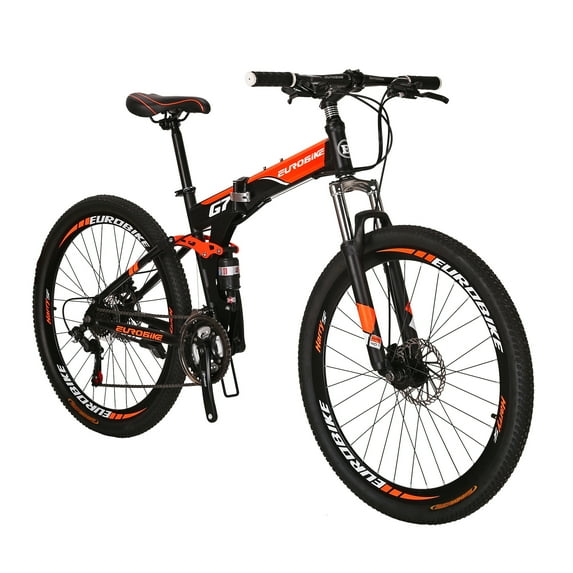 Folding Mountain Bike, Eurobike G7 Full Suspension, 27.5 Inch Wheels, 21 Speed, Shock Absorber, Disc Brakes, Adult for Mens Bicycle Multi-Spoke Orange