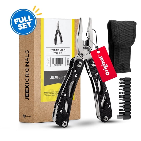 Folding Multi Tool Kit, Black Stainless Steel 1 Multi-Purpose Pocket Multitool Plier Screwdriver + Bits Set for Survival, Camping, Hunting, Fishing and Hiking Top Stocking Stuffer for Christmas Xmas