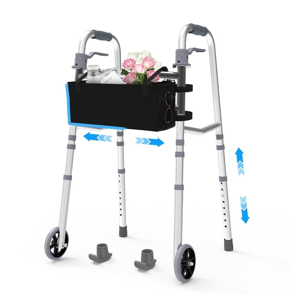 SPA4PIEDS Folding Narrow Walker for Seniors Adjustable Width & Height, Lightweight Aluminum Adult Walker with Basket, 2 Skis, 5" Front Wheels, for Mom and Dad, Elderly & Disabled