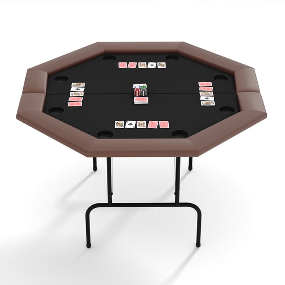 Folding Octagon Poker Table for 8 Players – 48 Inch Casino-Style Game Table – Waterproof Black Cloth, Leather Armrest, Steel Cup Holders – Perfect for Texas Hold'em– Brown PU Black Cloth Steel Cup