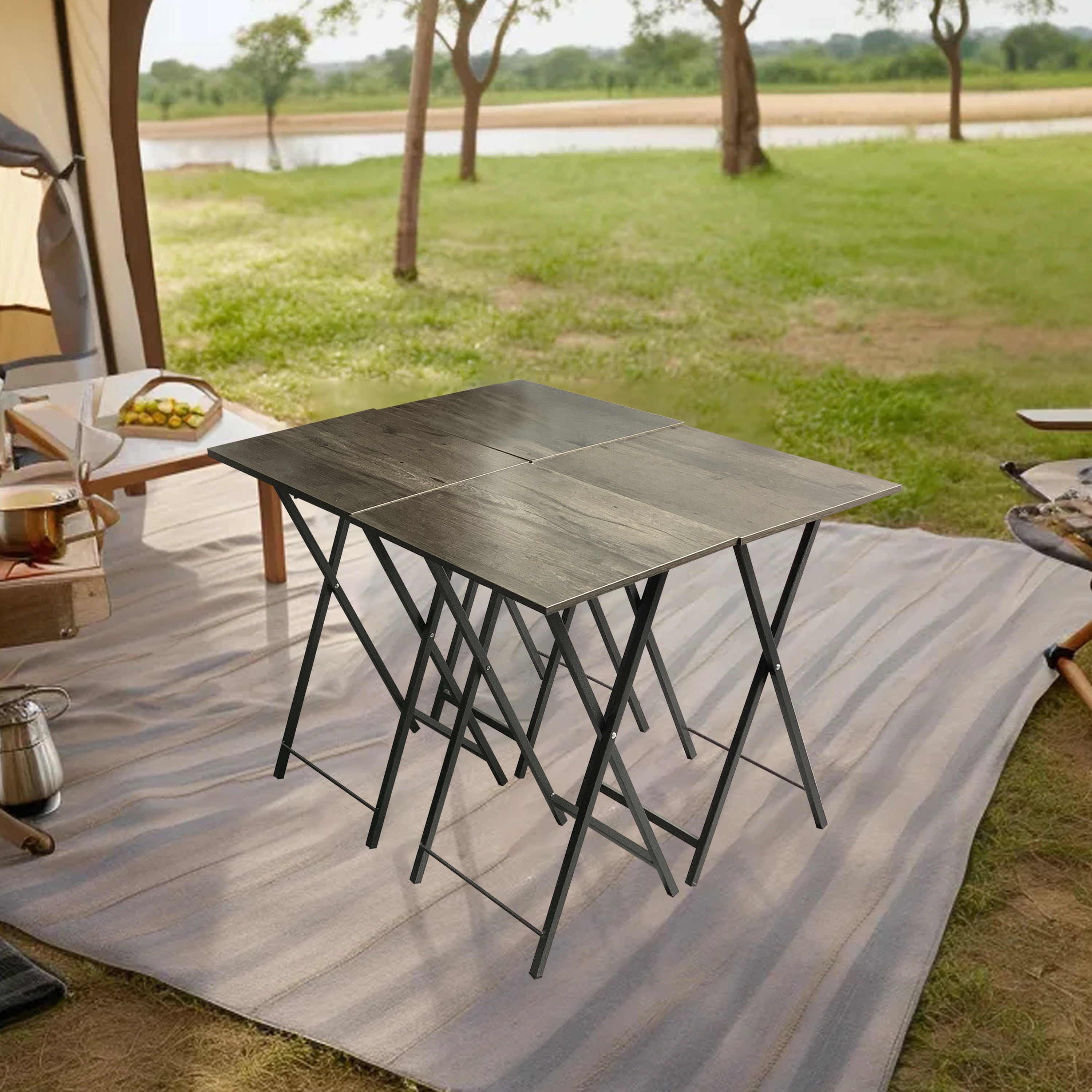 Rustic Gray Folding TV Tray Tables Set with Storage Stand