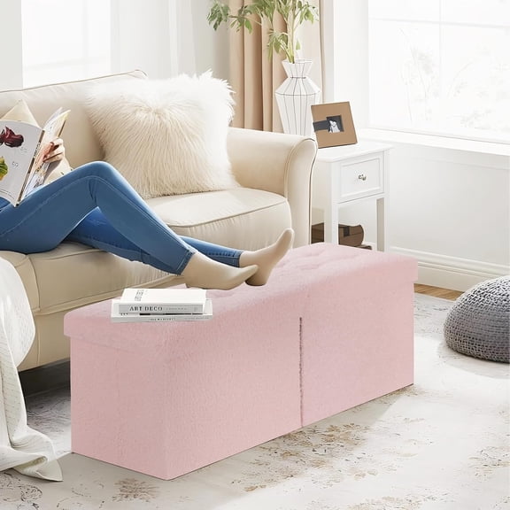 Folding Ottoman with Storage - 34Inches Teddy Velvet Foot Stool, Padded , Blanket Store for Entryway Livingroom Bedroom Pink