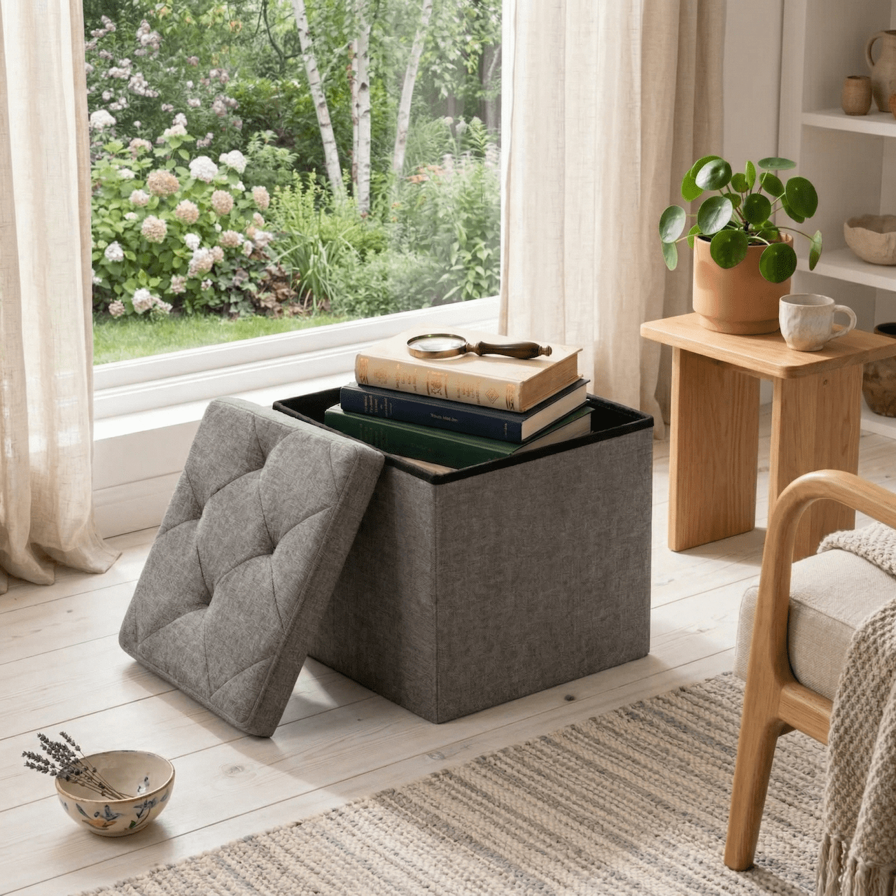 Storage Ottoman with Storage, 15 Inch Foldable Ottoman Bench, Collapsible Foot Rest Stool, Small Storage Ottoman for Living Room Bedroom Entryway, Heavy Duty, Dark Gray