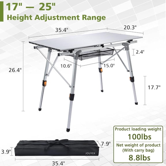 Folding Outdoor Camping Table with Adjustable Legs, Lightweight Aluminum Roll Up Camp Table with Carrying Bag, Mesh Storage Organizer, for Cooking, Picnic, Beach, Backyards, BBQ, Party