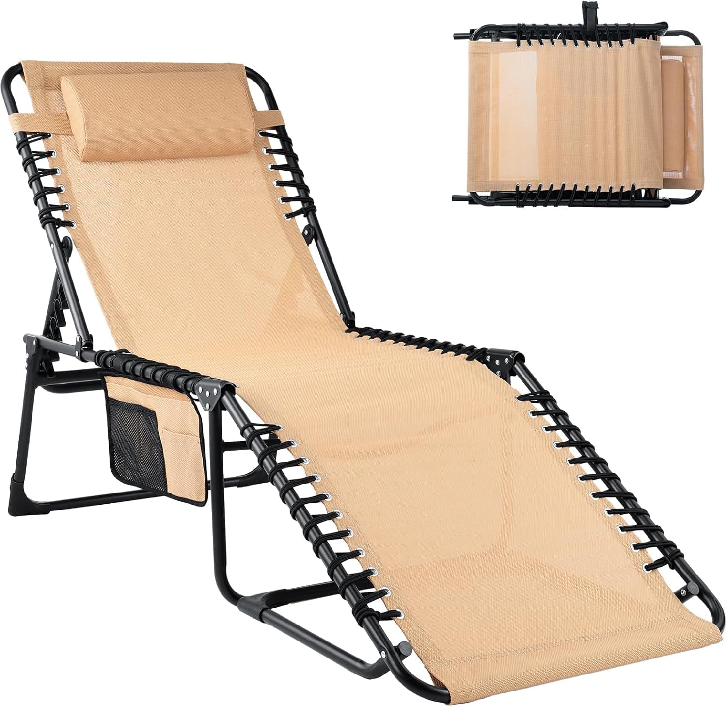 Folding Outdoor Chaise Lounge Chair - Beach Tanning Lounger with 5-Level Adjustable Backrest, 2-Level Footrest, Removable Pillow, Side Pocket, 330lb Weight Capacity for Poolside - Walmart.com