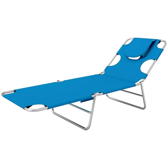 Folding Outdoor Chaise Lounge Chair with Face Cavity Pillow 5 Level Adjustable for Beach Pool Light Blue