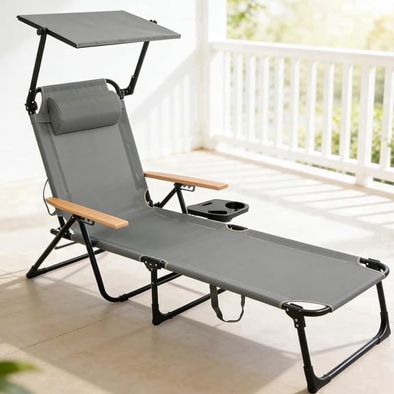 Folding Outdoor Lounge Chair with Canopy, 4-Position Adjustable Reclining Tanning Chair with UPF 50 Sun Shade, 300 lbs Capacity Sun Lounger for Beach, Poolside, Backyard & Camping
