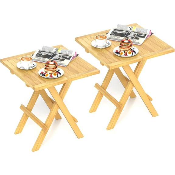 Folding Outdoor Side Table - Set of 2 Teak Wood End Table, Square Coffee Bistro Table w/Slatted Tabletop, Portable Picnic Camp Table for Poolside Porch Garden, Foldable Small Patio Table