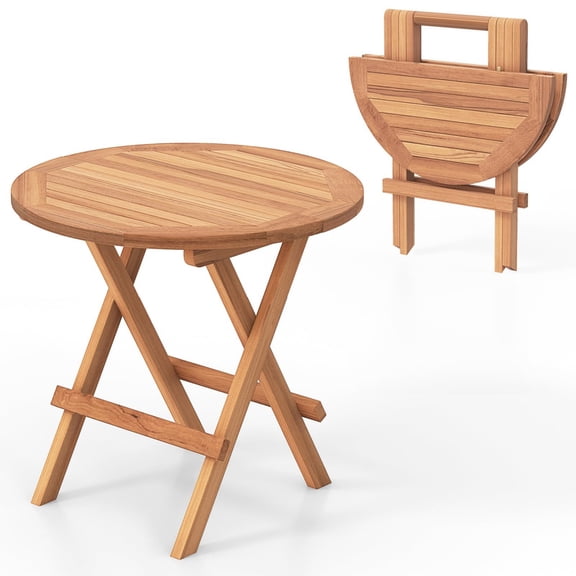 Folding Outdoor Side Table,Teak Wood End Table Round Coffee Bistro Table with Slatted Tabletop,Portable Picnic Camp Table for Poolside Porch Garden Patio Deck Balcony,Foldable Small Patio Table,Brown
