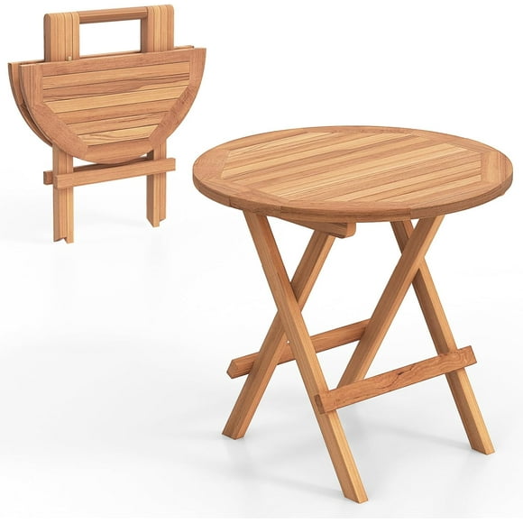 Folding Outdoor Side Table - Teak Wood End Table, Round Coffee Bistro Table w/Slatted Tabletop, Portable Picnic Camp Table for Poolside Porch Garden, Foldable Small Patio Table (1)