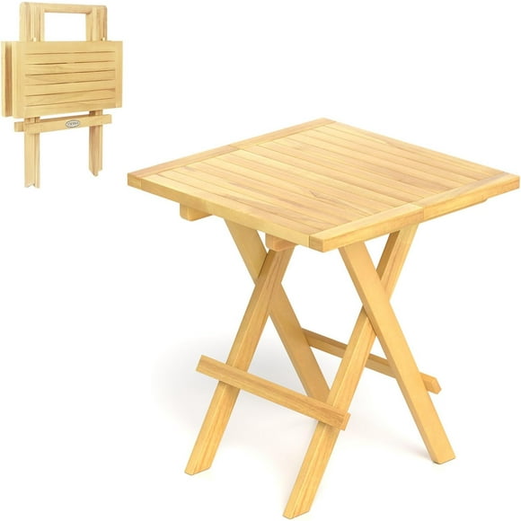 Folding Outdoor Side Table - Teak Wood End Tables, 20'' Square Coffee Bistro Table w/Slatted Tabletop, Portable Picnic Camp Tables for Poolside Porch Garden, Foldable Small Patio Table
