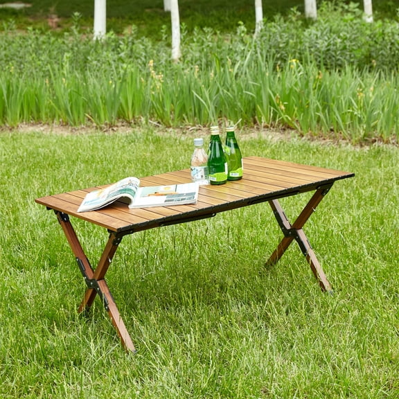 Folding Outdoor Table,Lightweight Aluminum Roll-up Rectangular Table for indoor, Outdoor Camping, Picnics,Beach,Backyard, BBQ, Party, Patio, Brown