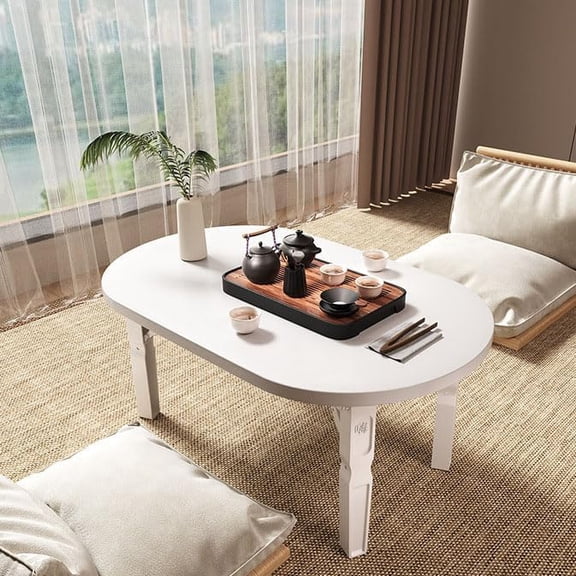 Folding Oval Coffee Table,Small Foldable Floor Table,Low Tea Tables for Living Room,White
