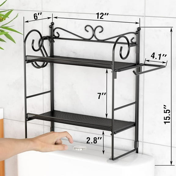 Folding Over Toilet Storage Shelf with Hooks and Paper Holder - Black
