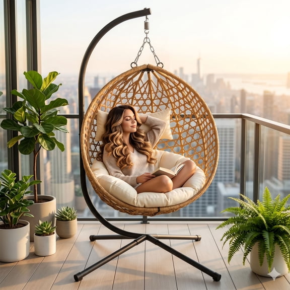 Folding PE Rattan Hanging Egg Chair with Stand, 350lb Capacity Indoor Outdoor Hammock Swing Basket Chair, Aluminum Steel Frame for Patio Balcony Backyard Bedroom, Natural