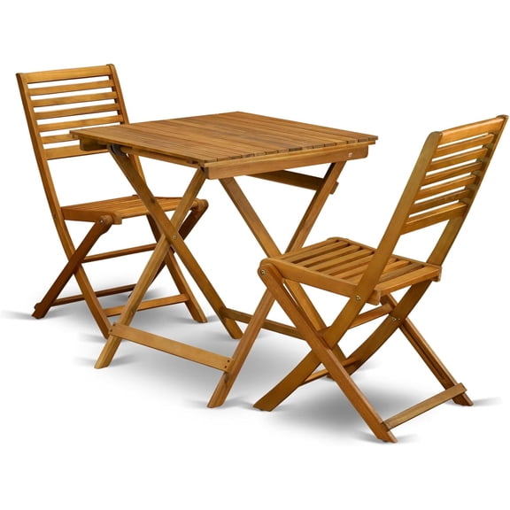 East West Furniture SEBS3CWNA 3 Piece Patio Bistro Sets Wood Folding Table Set Contains a Square Outdoor Acacia Wood Coffee Table and 2 Folding Side Chairs, 26x26 Inch, Natural Oil