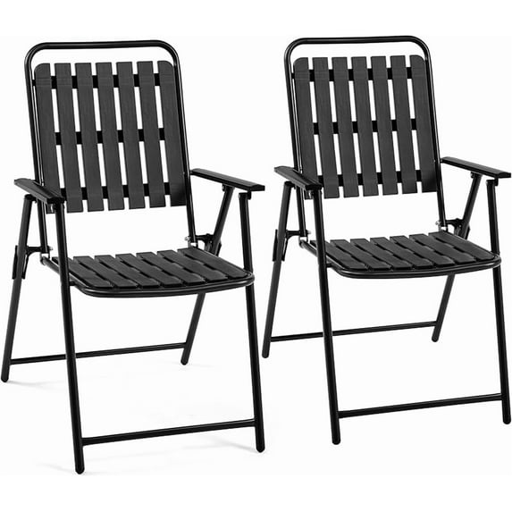 Folding Patio Chair Set of 2, Outdoor Dining Chair with Armrests, Plastic Patio Chair for Porch, Deck, Garden, Backyard, No Assembly Black