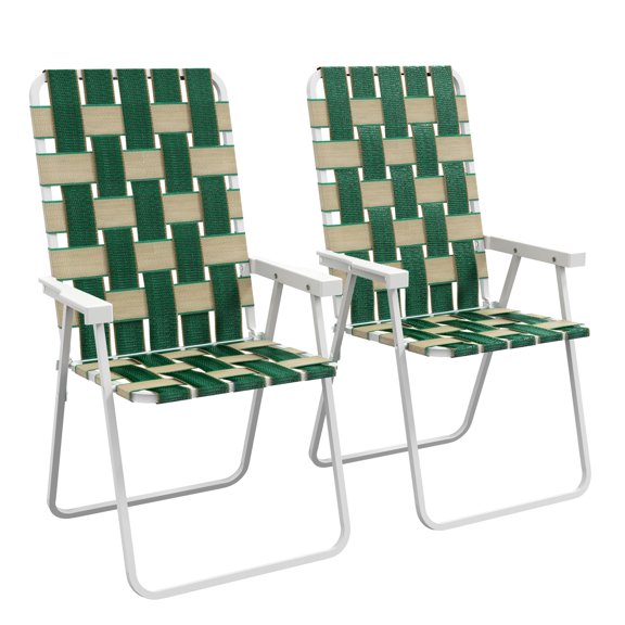Folding Patio Chairs Set of 2, Outdoor Camping Lawn Chairs, Portable Steel Frame w/ Armrests, Green